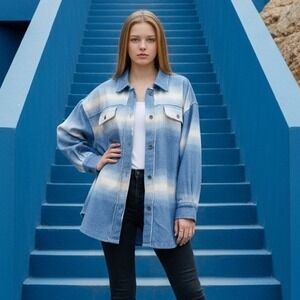 Free People M Ruby Shacket Top Deep‎ Sea Combo Blue Fleece Oversize NWT $159